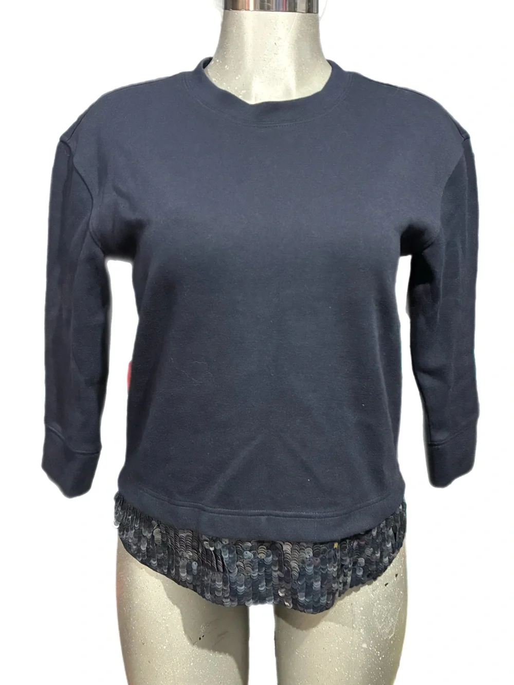 J. Crew Navy Blue Crewneck Sweatshirt Sequin-trimmed Hem 3/4 Sleeves XS Preppy